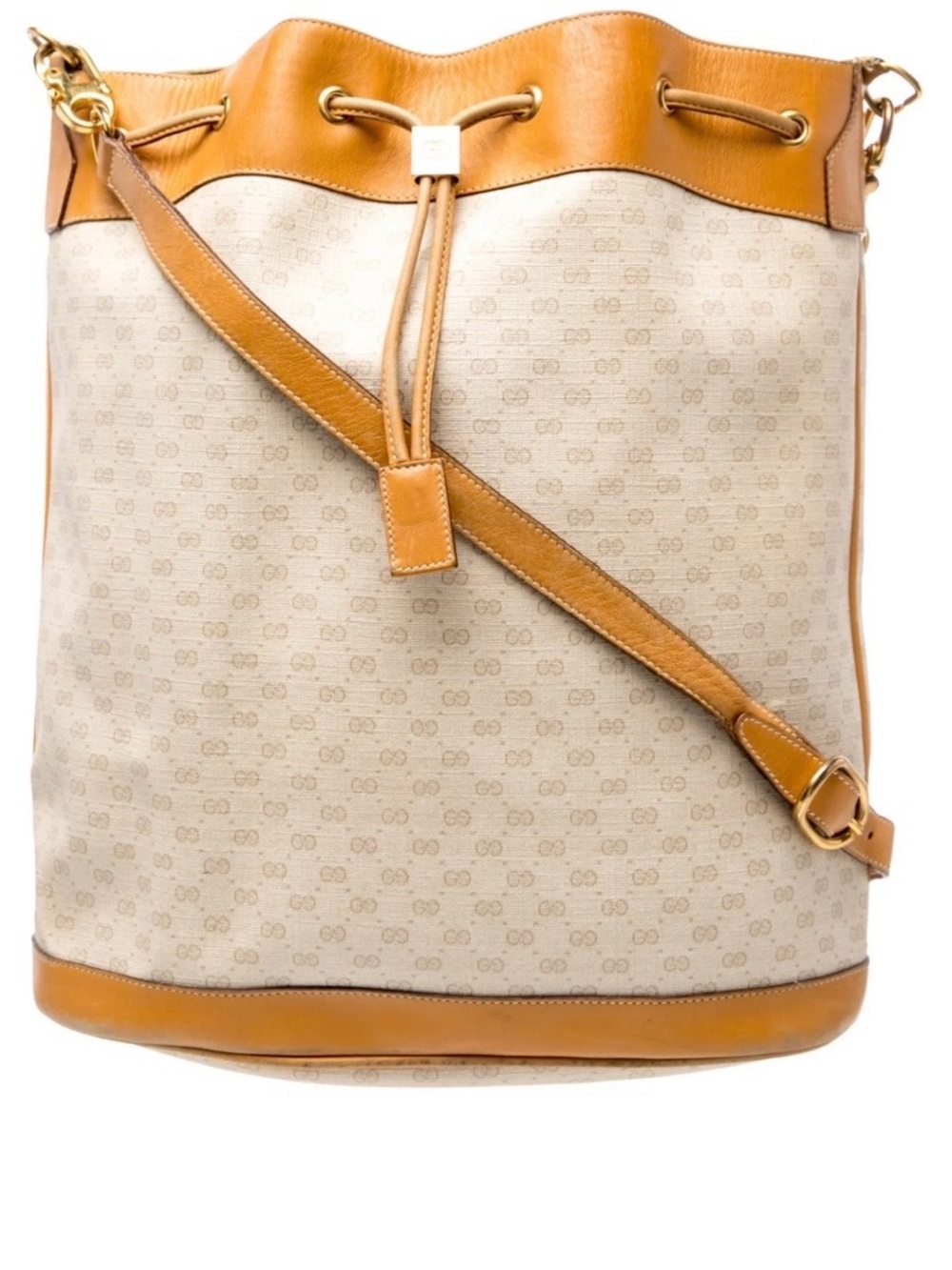 Gucci Beige Monogram Bucket Bag with Tan Leather Trim